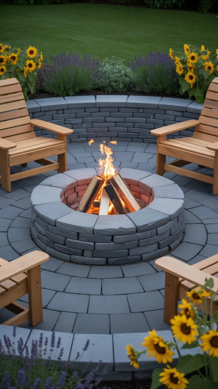 Riverstone Fire Pit Retreat Surrounded by Lavender and Sunflowers