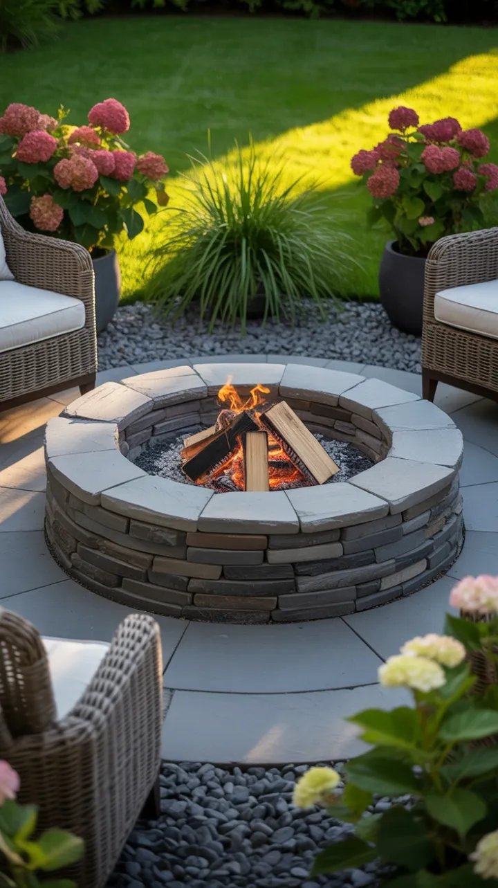 Golden Hour Backyard Oasis with a Glowing Stone Fire Pit