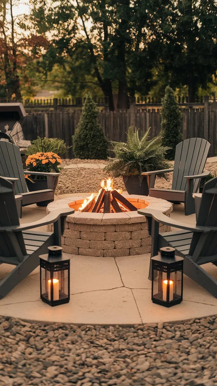 Warm light illuminates a cozy backyard scene centered around a stone fire pit, encircled by chairs and accented with plants.