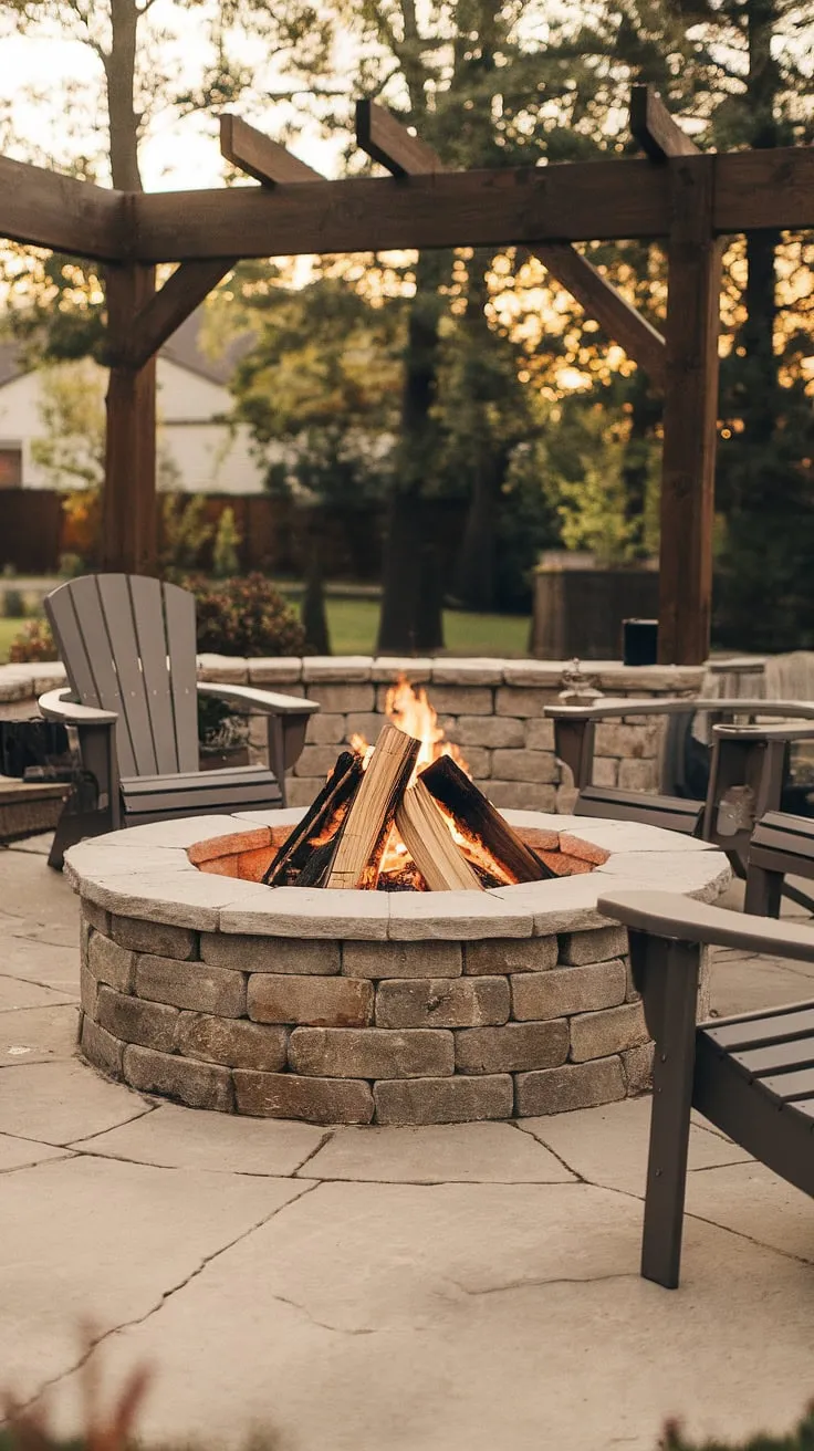 A backyard patio's stone fire pit, framed by wood and inviting chairs, offers a warm and peaceful escape.