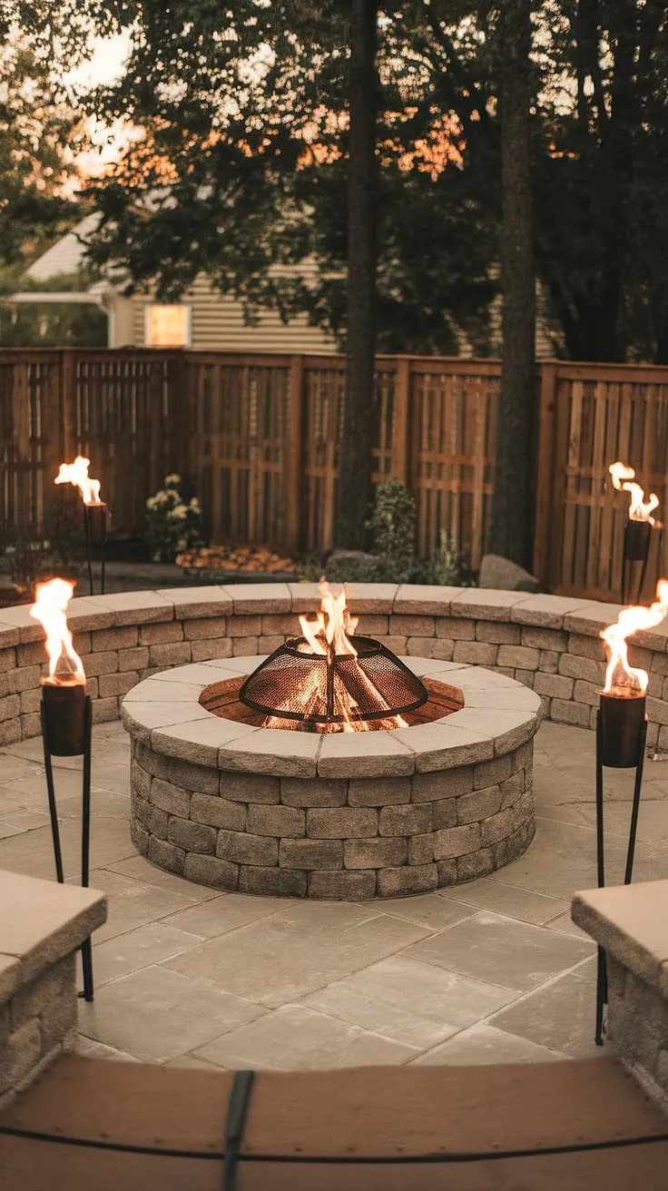Warm light illuminates a cozy backyard scene featuring a stone fire pit, flanked by torches, perfect for relaxing evenings.