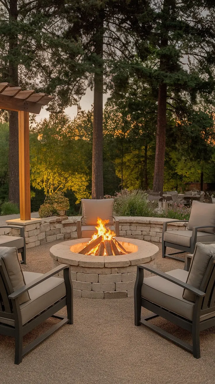 Evening warmth envelops a charming stone fire pit patio, nestled among tall trees and comfortable seating.