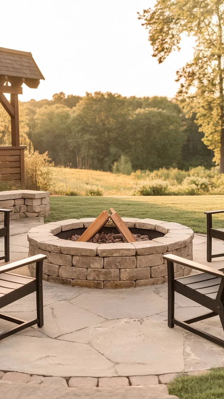 Warm light illuminates a cozy backyard scene centered around a stone fire pit, perfect for relaxing evenings with friends.