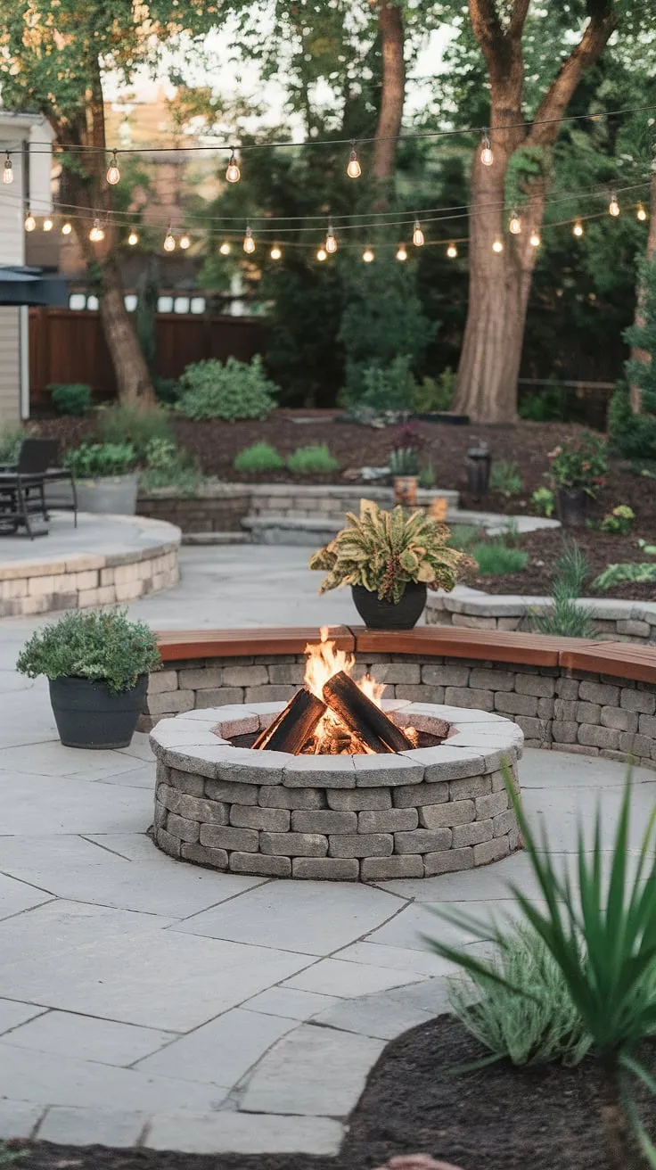 Evening warmth radiates from the backyard's stone fire pit, illuminating a charming patio scene