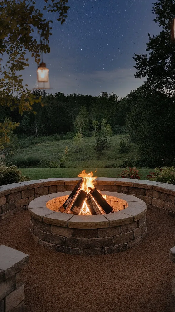 Warm flames dance in a stone fire pit encircled by a stone bench, illuminating a tranquil backyard scene under a dark, starry sky.