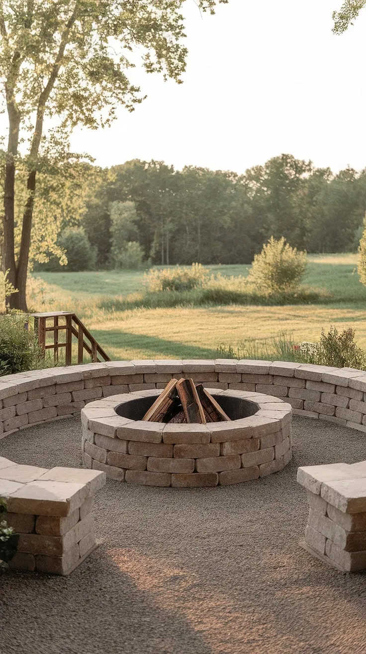 A tranquil backyard scene features a stone fire pit ready for an evening bonfire, surrounded by nature's beauty