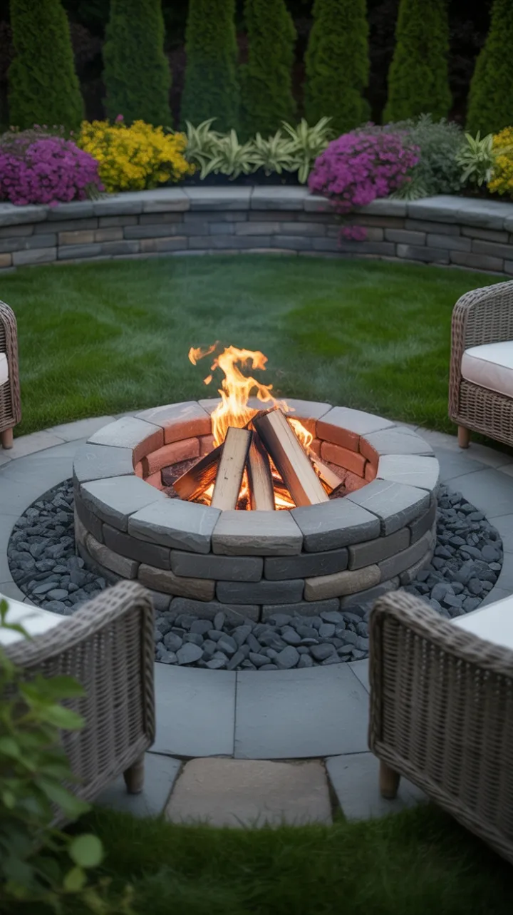 Cozy Stone Fire Pit Nestled in a Lush Evening Garden