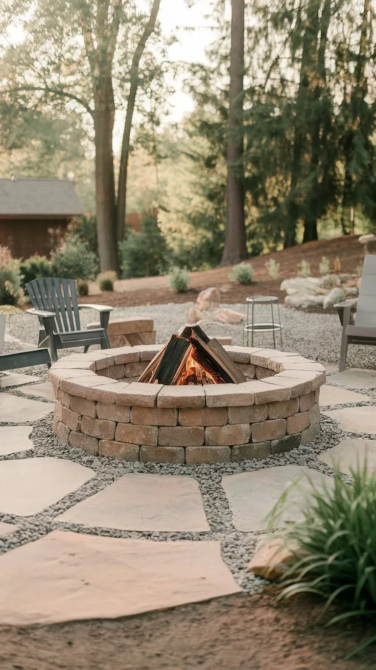 Evening's gentle light bathes a stone fire pit and patio, creating a tranquil backyard scene.