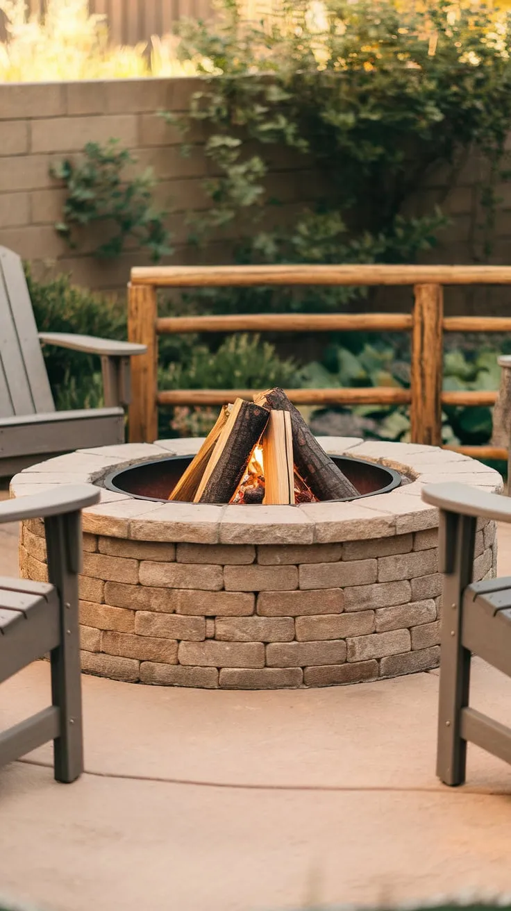 Warm evening light bathes a charming stone fire pit patio scene, perfect for gathering