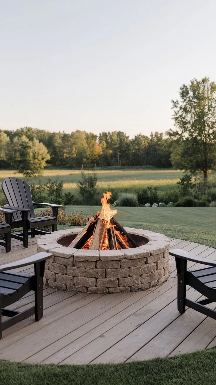 A stone fire pit on a wooden deck beckons relaxation amidst a lush green backyard under a clear sky.