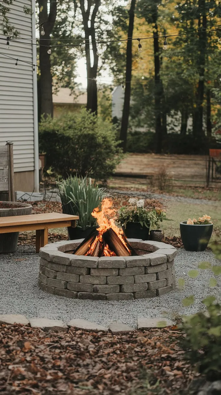 String lights and potted plants enhance the inviting ambiance of the stone fire pit in the leafy backyard