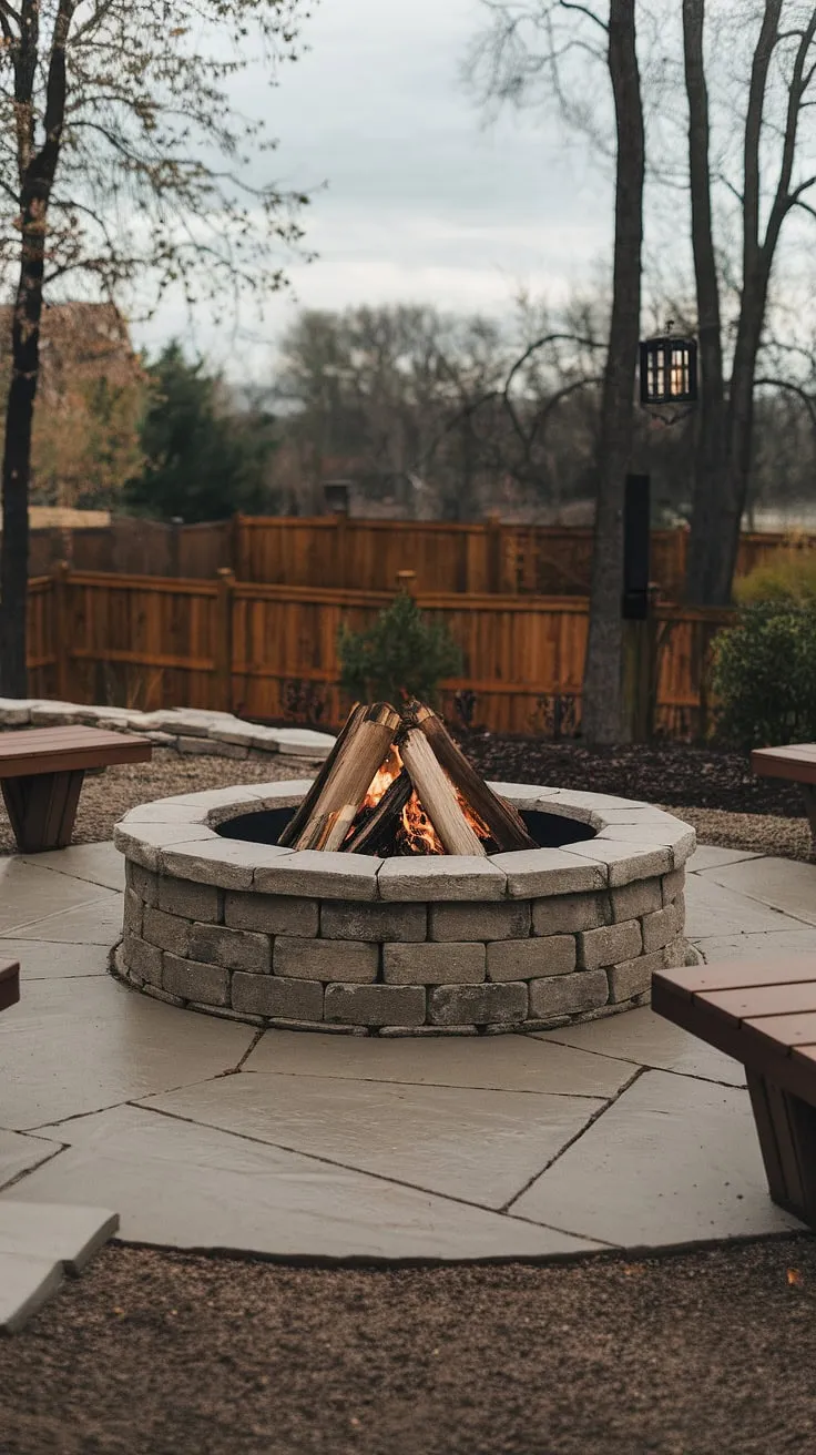 A cozy backyard fire pit, nestled within a stone structure and surrounded by a concrete patio, offers a tranquil escape under an overcast sky