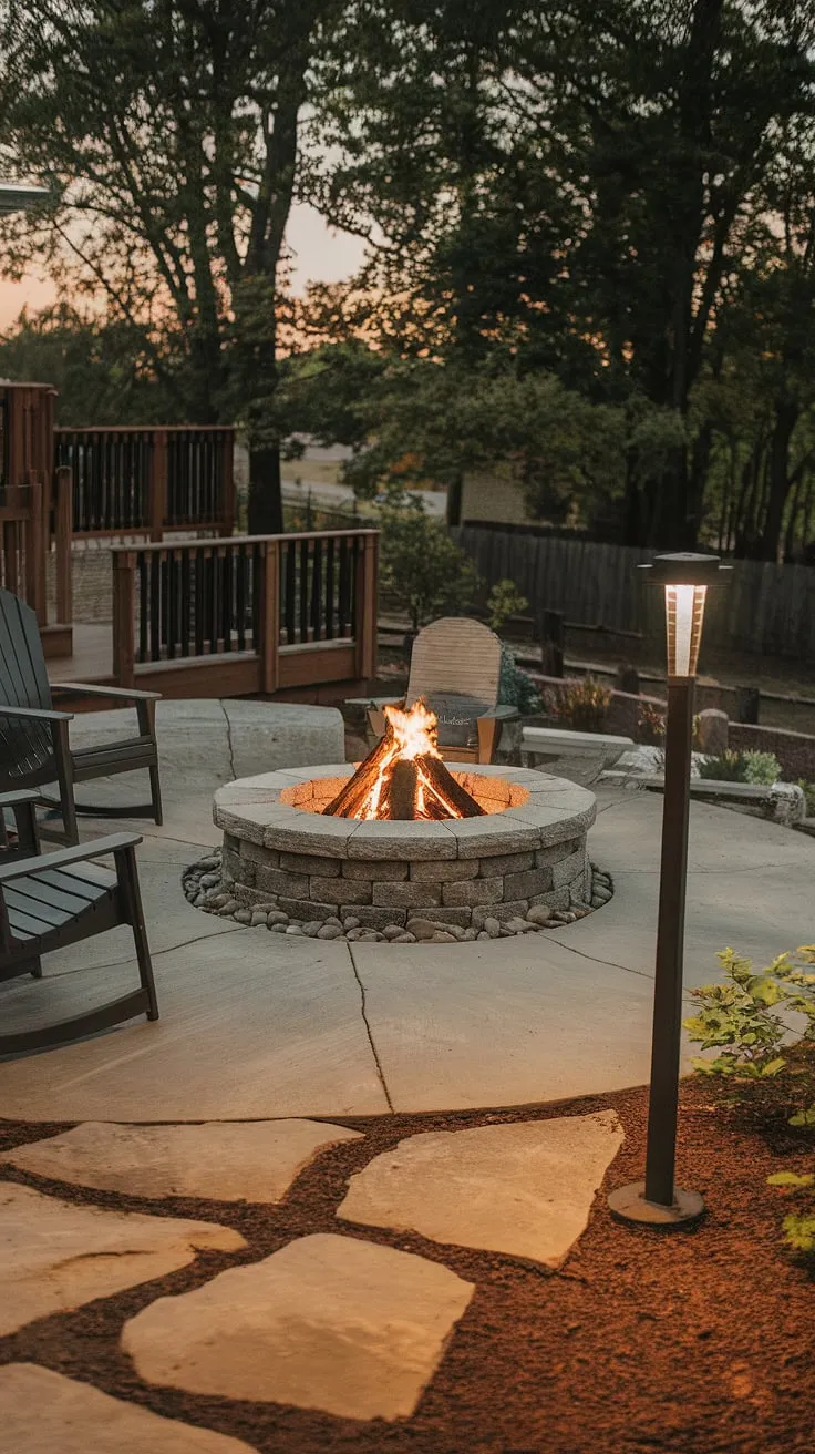 Evening's gentle glow illuminates a stone fire pit's warmth on a concrete patio, inviting relaxation