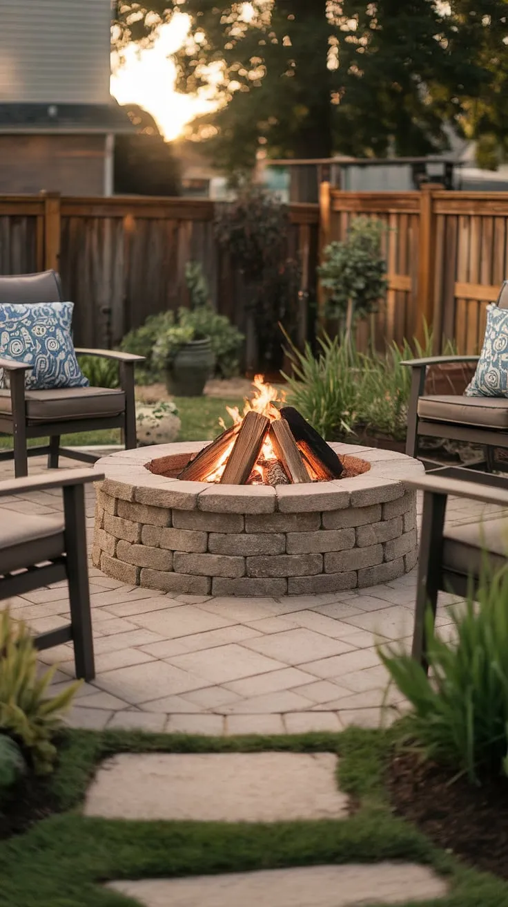Warm firelight illuminates a cozy backyard patio scene centered around a stone fire pit.