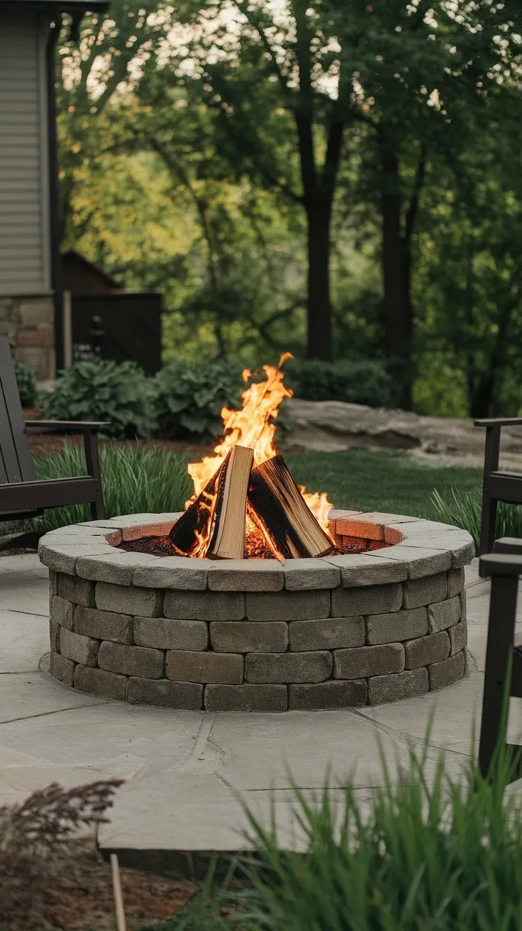 Evening warmth radiates from a stone fire pit, inviting relaxation in a lush backyard setting