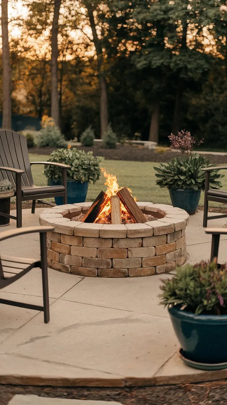 Warm light illuminates a cozy stone fire pit surrounded by comfortable chairs and lush greenery in a tranquil backyard setting.