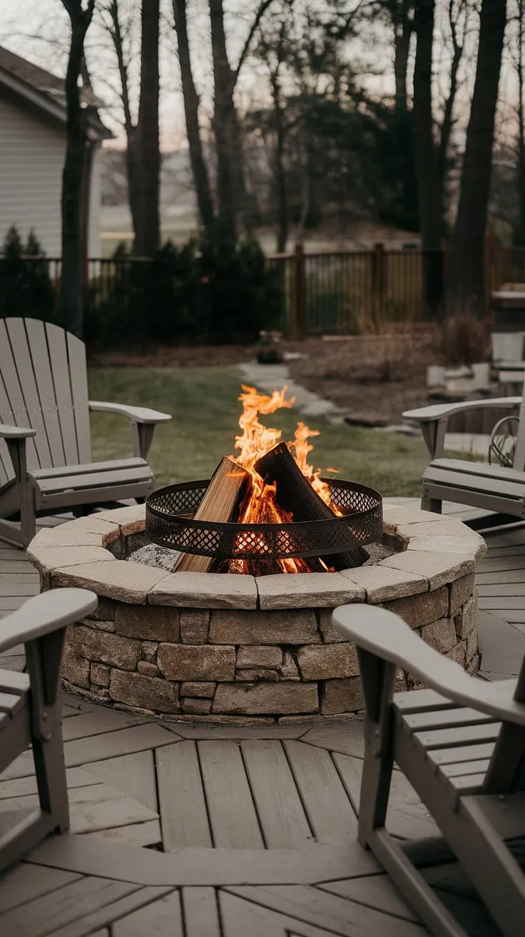 Cozy warmth radiates from a crackling backyard fire pit, perfectly framed by a wooden deck and surrounding nature.