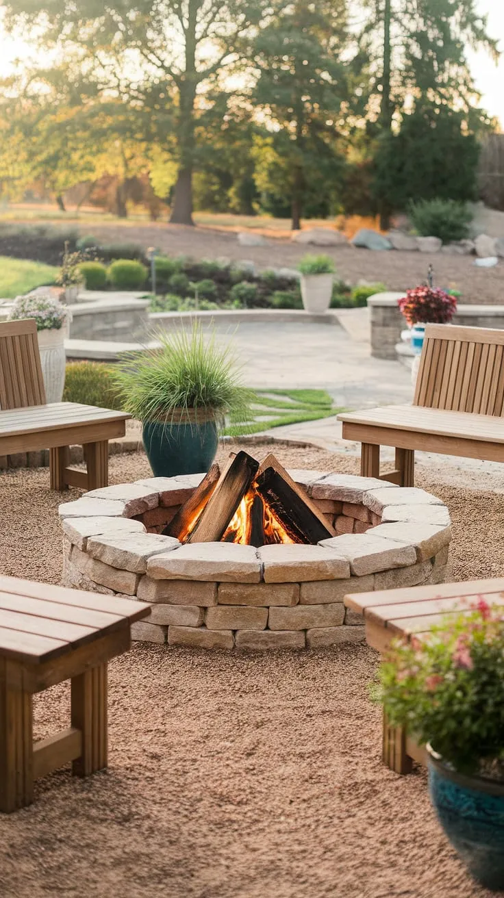 A cozy stone fire pit anchors a beautifully landscaped backyard, offering a perfect outdoor gathering space.