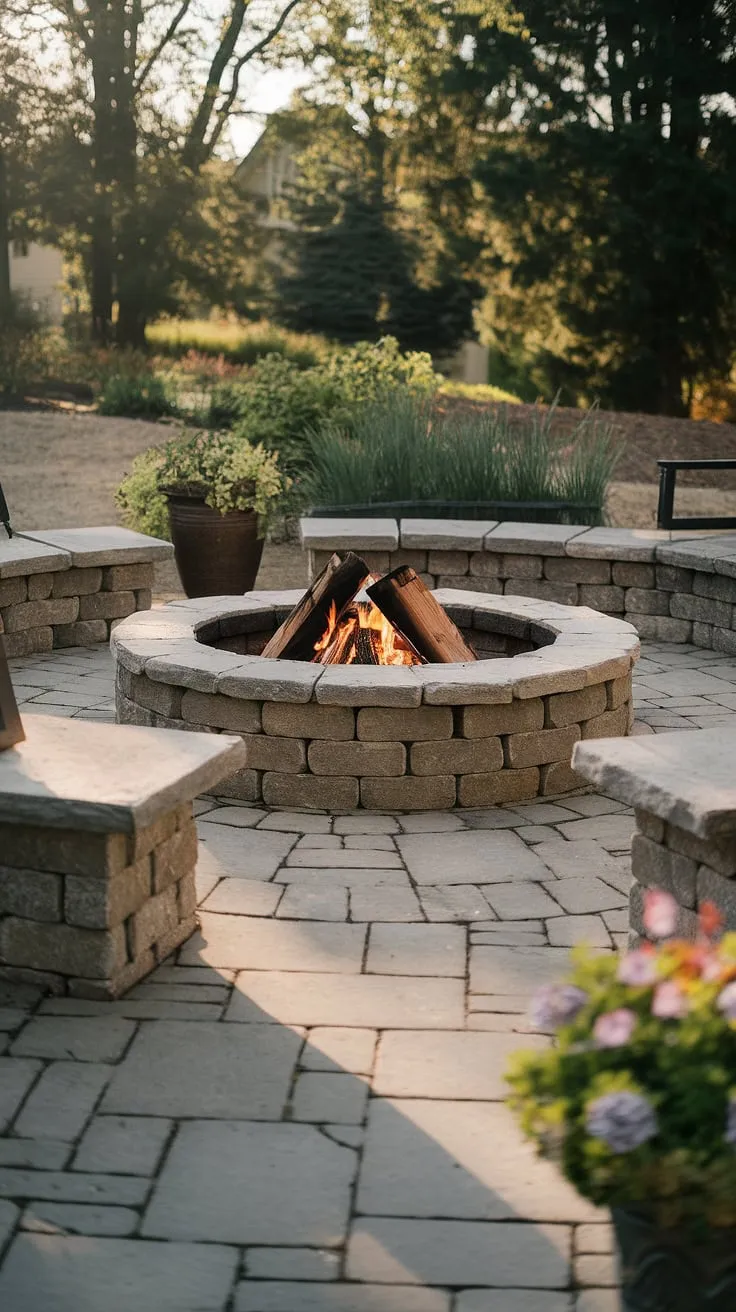 Warm evening light illuminates a charming stone fire pit, perfect for outdoor gatherings.