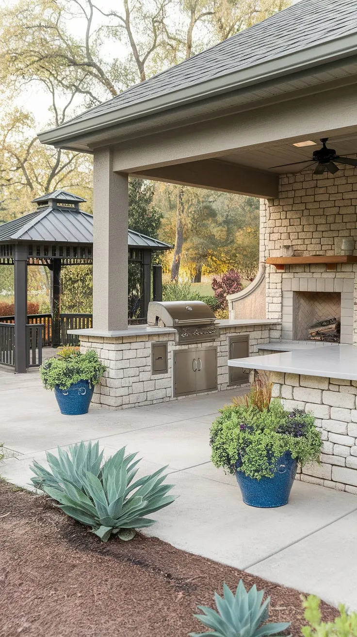 A cozy backyard fireplace anchors an outdoor kitchen and patio oasis, complete with grill, gazebo, and lush greenery.
