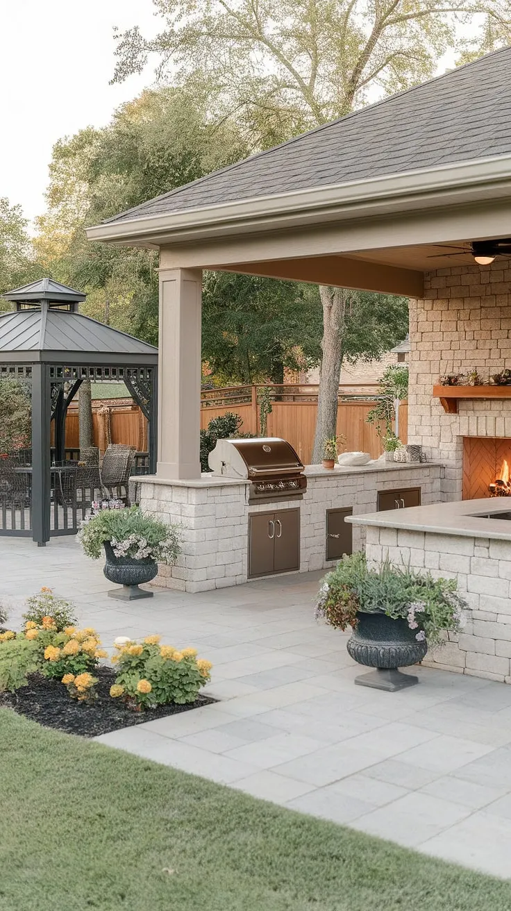 An inviting backyard oasis features a covered patio, outdoor kitchen, fireplace, and gazebo, perfect for entertaining E.