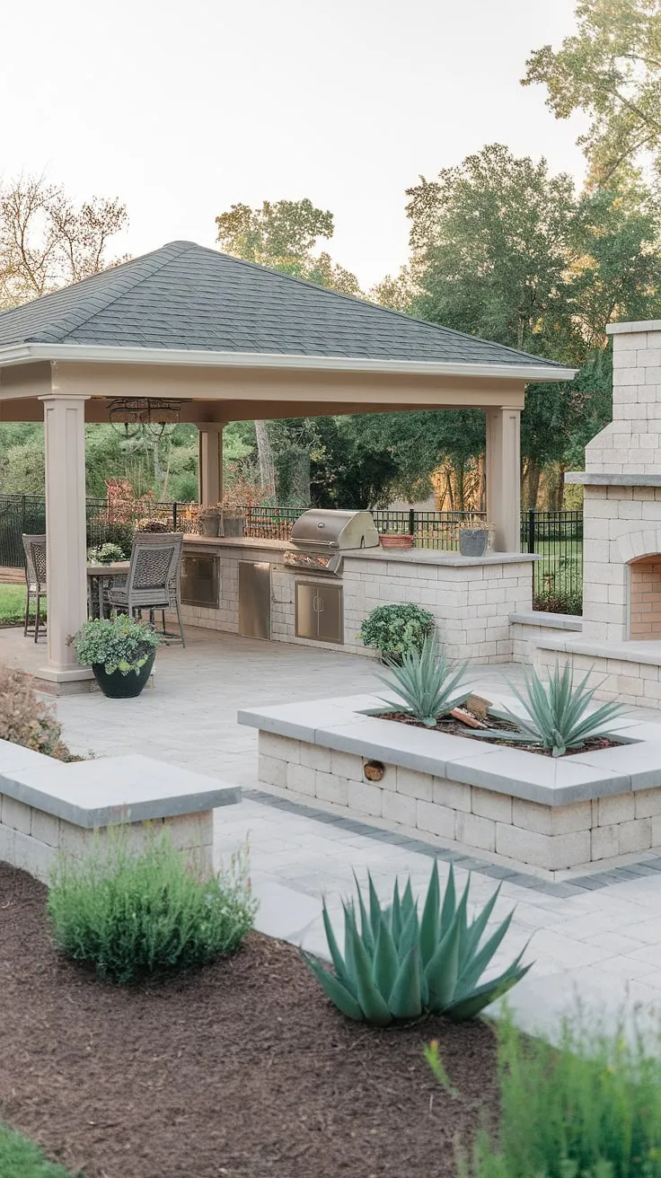 Escape to a tranquil backyard oasis featuring a covered patio, outdoor kitchen, and fireplace