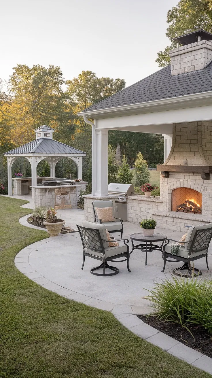 This idyllic backyard oasis features a fireplace, outdoor kitchen, gazebo, and grill area, creating a serene and inviting atmosphere