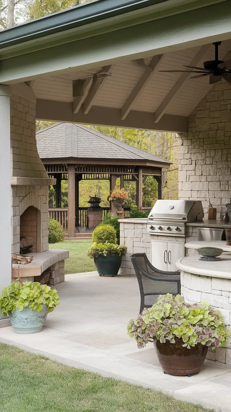 Elegant outdoor living space features a covered patio, outdoor kitchen, fireplace, and gazebo.