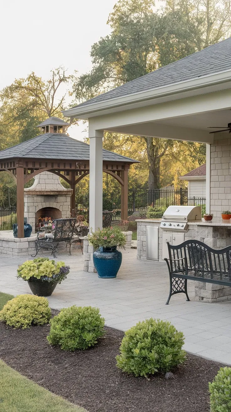 Elegant outdoor living space features a covered patio, gazebo, fireplace, and outdoor kitchen, perfect for entertaining.