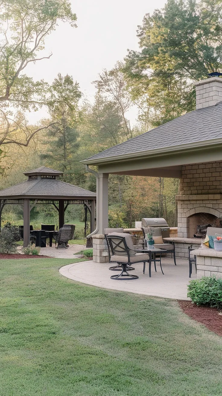 Escape to a tranquil backyard oasis featuring a covered patio with fireplace, grill, and gazebo