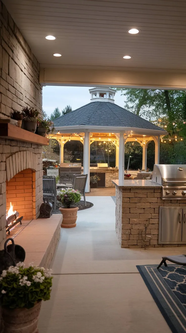 Elegant outdoor living space featuring a fireplace, kitchen, and gazebo creates a cozy ambiance