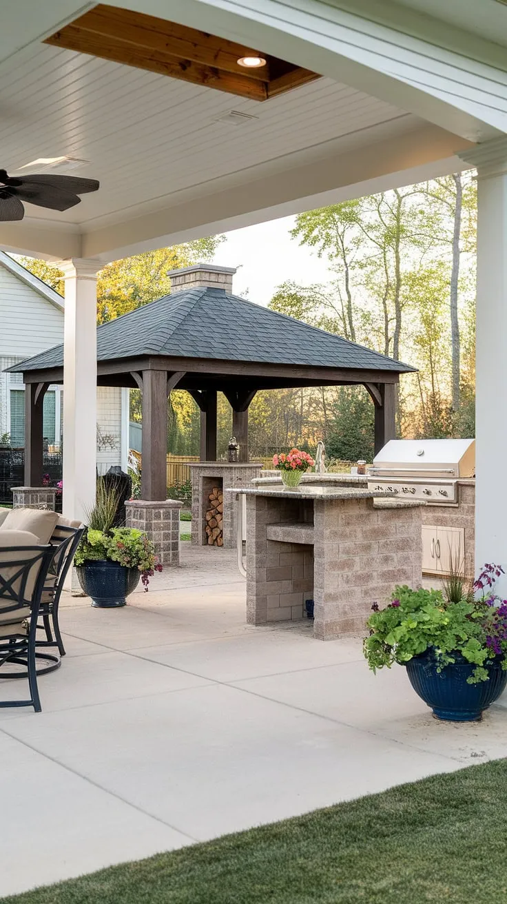 A luxurious backyard oasis boasts a fireplace, grill, and lush landscaping, creating a tranquil retreat.