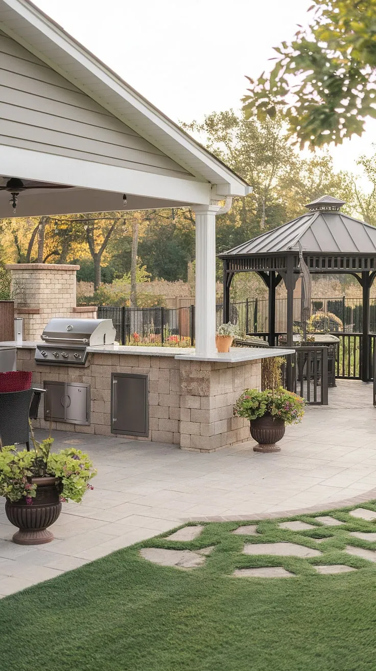 An idyllic outdoor space complete with a fireplace, grill, and lush greenery creates a perfect evening retreat.