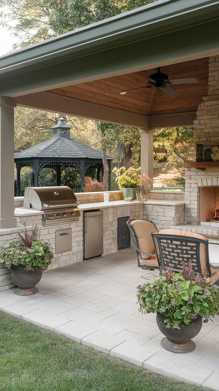 A well-lit backyard with a patio, outdoor kitchen, and fireplace offers a charming and comfortable outdoor living space ideal for E
