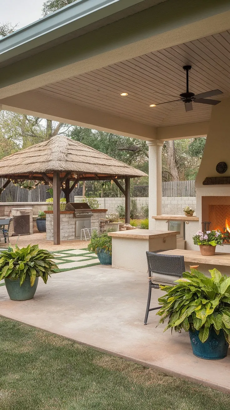 A charming backyard with a gazebo, outdoor kitchen, and fireplace offers a relaxing retreat for E.