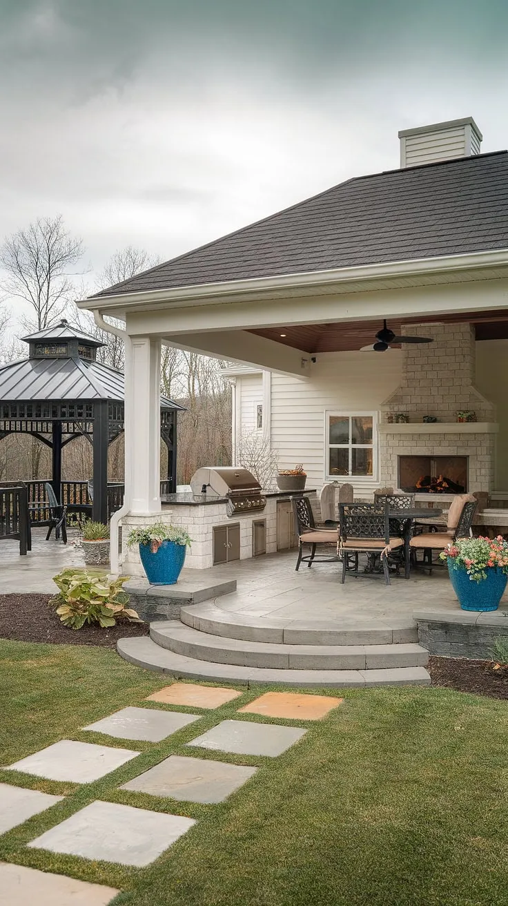 Elegant outdoor living space features a covered patio with fireplace and kitchen, a gazebo, and stone pathway.
