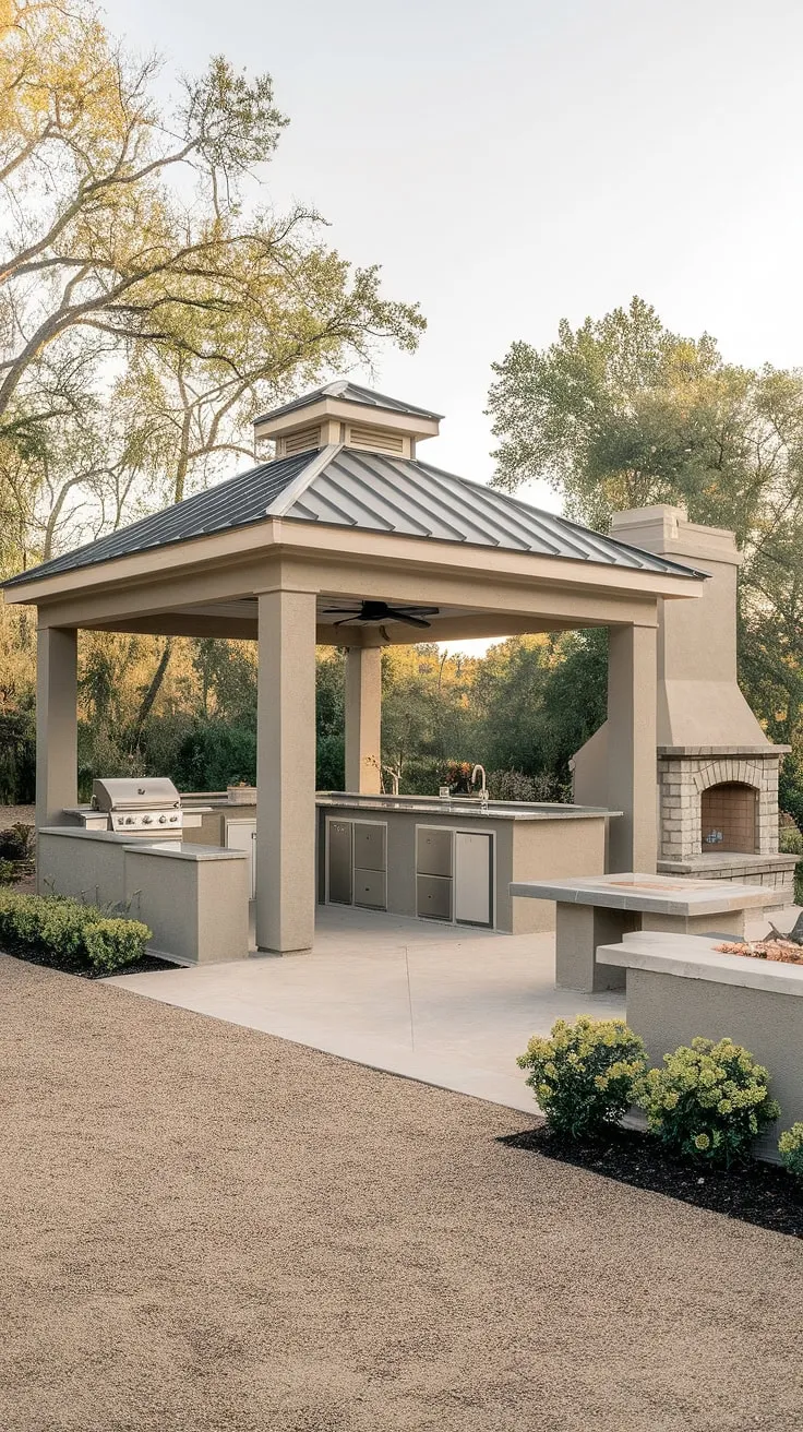 Evening's soft light enhances a backyard oasis featuring a covered patio, outdoor kitchen, and fireplace