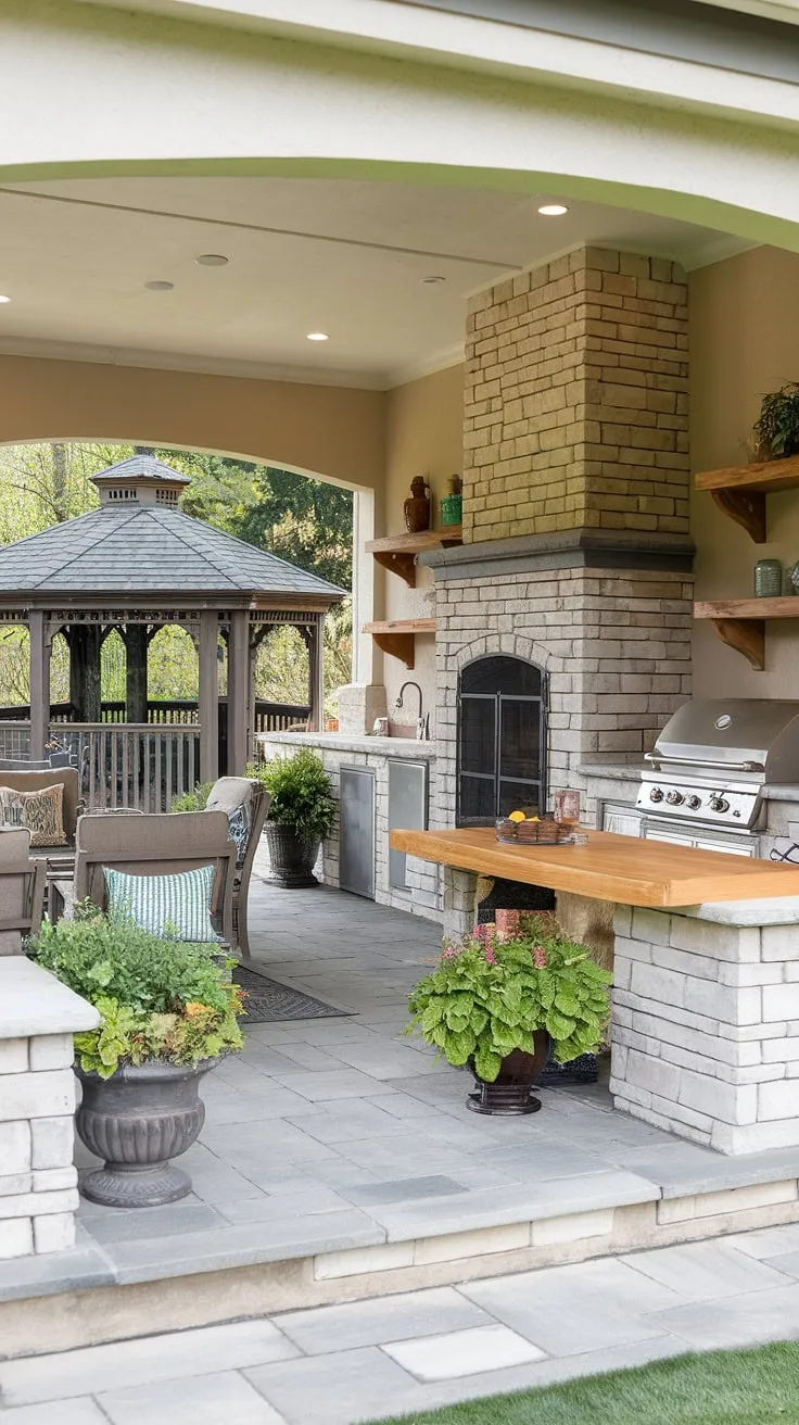 A luxurious backyard oasis features a stone fireplace, outdoor kitchen, and inviting patio perfect for al fresco entertaining.