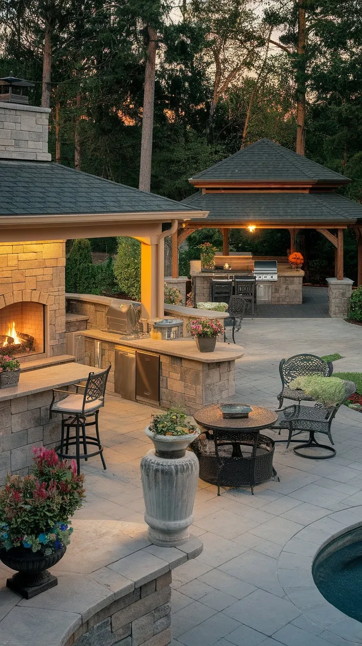 Evening ambiance transforms a luxurious backyard oasis with multiple entertainment areas into a magical retreat
