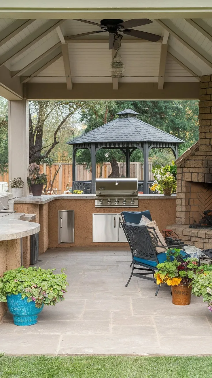 An expansive backyard patio with luxurious outdoor amenities creates a tranquil retreat for E.