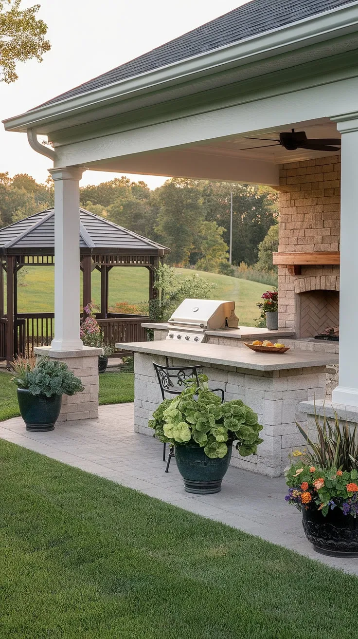 Elegant outdoor living space featuring a covered patio, kitchen, fireplace, and gazebo nestled within a vibrant landscape