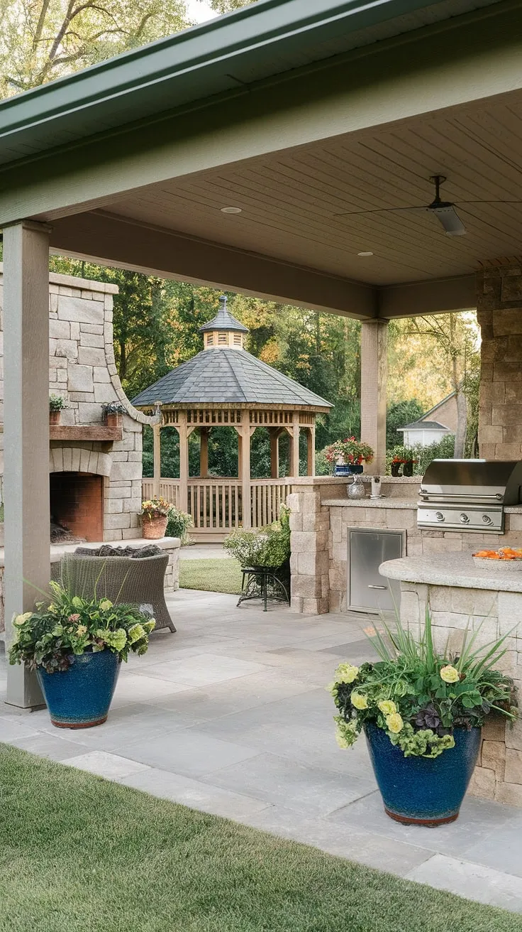 Enjoy outdoor living in this idyllic backyard with a patio, kitchen, and fireplace near a gazebo, enhancing E.