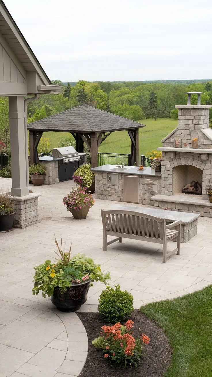 A luxurious backyard oasis boasts a covered patio, gazebo, outdoor kitchen, and stone fireplace, perfect for entertaining.