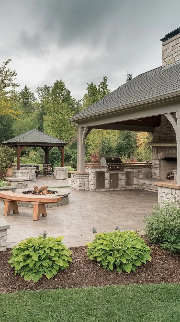 A stone fireplace anchors a lush backyard patio complete with outdoor kitchen and gazebo, perfect for cozy outdoor gatherings.