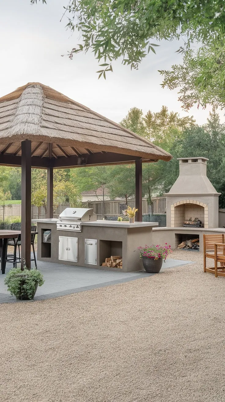 This idyllic backyard oasis boasts a covered patio, outdoor kitchen, fireplace, and gazebo, perfect for entertaining.