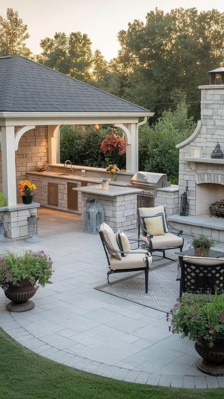 This inviting backyard oasis features a covered patio, outdoor kitchen, fireplace, and grill area, perfect for entertaining.