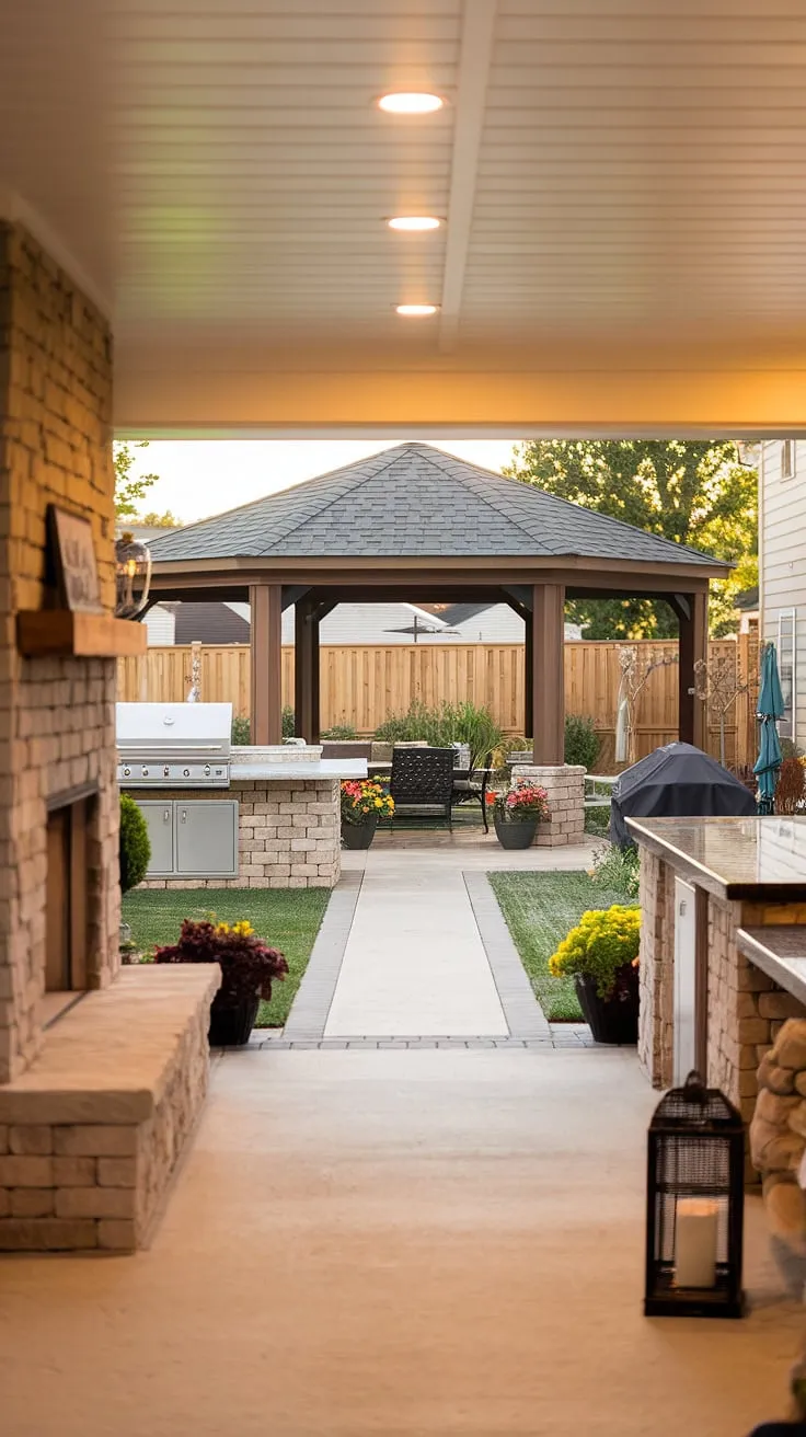 A luxurious backyard oasis features multiple entertainment areas perfect for relaxation and gatherings