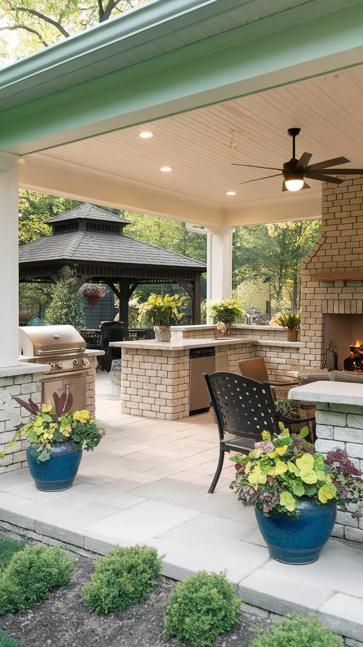 A well-lit backyard oasis boasts a complete outdoor kitchen and relaxing patio area, ideal for al fresco enjoyment.
