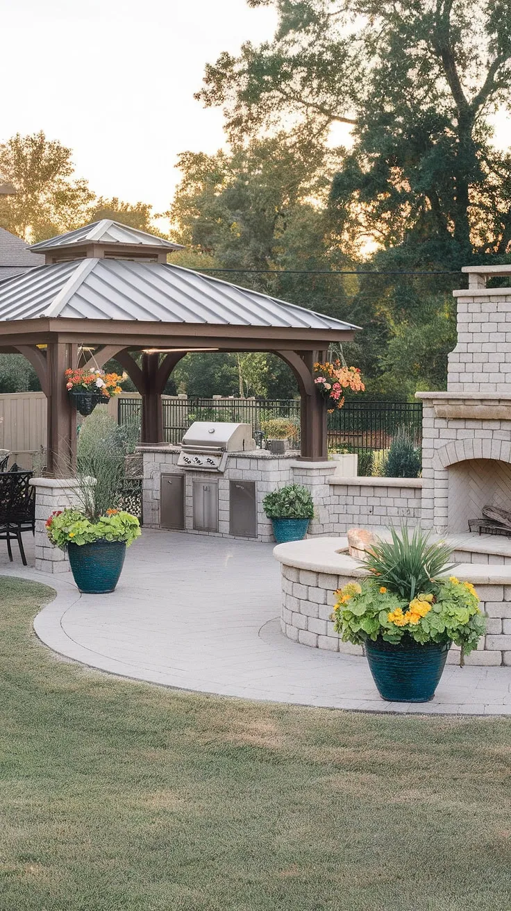 Cozy backyard living is enhanced by a fireplace, outdoor kitchen, and gazebo.