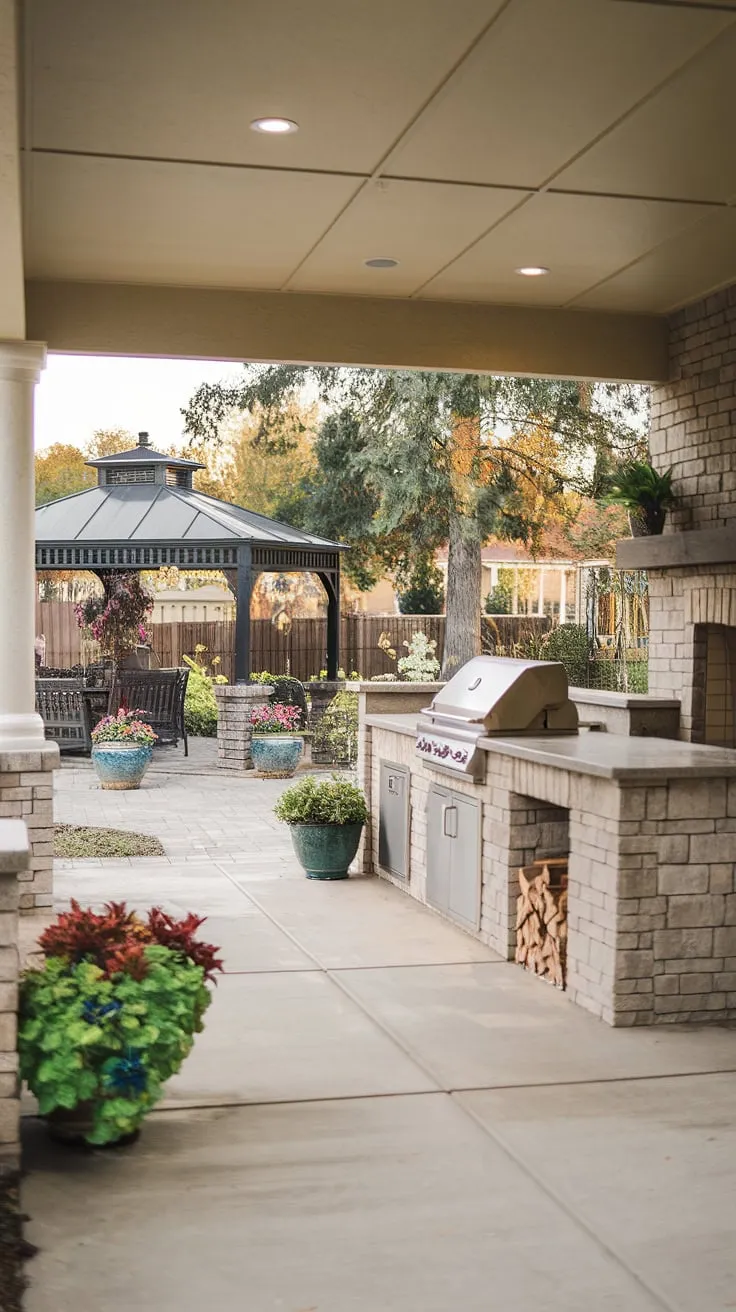 A backyard oasis boasts a complete outdoor entertainment area with a covered patio, fireplace, and grill, perfect for relaxing and entertaining.